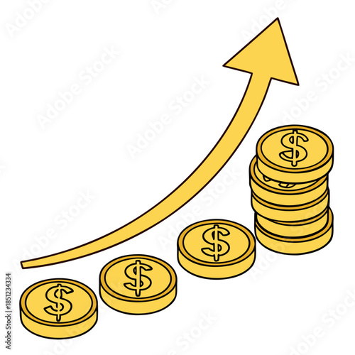 Gold coins stacked with dollar sign and upward arrow