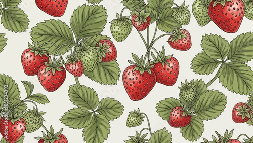 Seamless pattern with strawberries and leaves