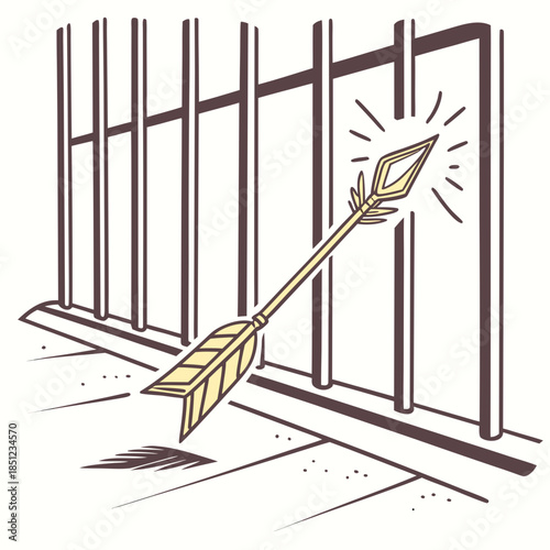 Golden arrow with soft light glow hitting prison bars