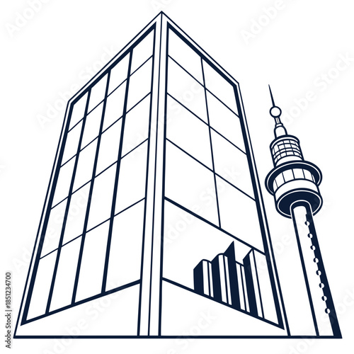 Glass tower reflecting bar chart shape on white background with skyscraper