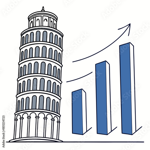 Leaning Tower of Pisa with Increasing Blue 3 D Bar Graph