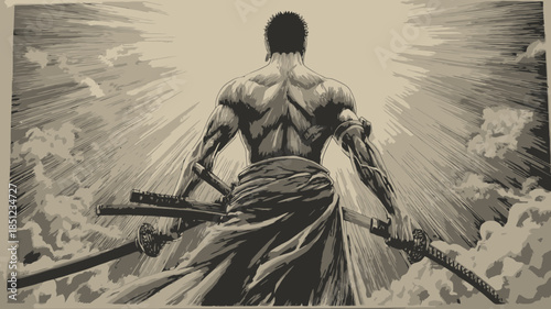 Powerful warrior with multiple swords standing against a dramatic bright light in a manga art style, back view, readiness and determination.