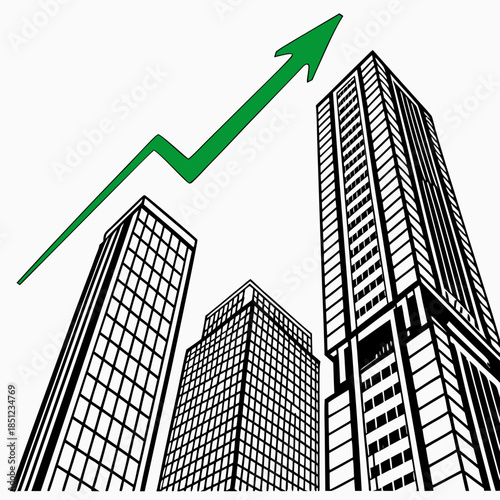 Tall office buildings with green arrow rising upwards