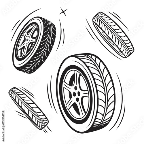 Car tires rotating in perspective motion rotating tires 1