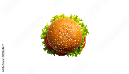 Overhead view of a delicious hamburger with sesame seed bun, lettuce, & tomato on a black backdrop