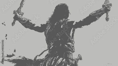 Powerful warrior raising two swords triumphantly, back view, heroic pose against a light background, fantasy medieval combat concept