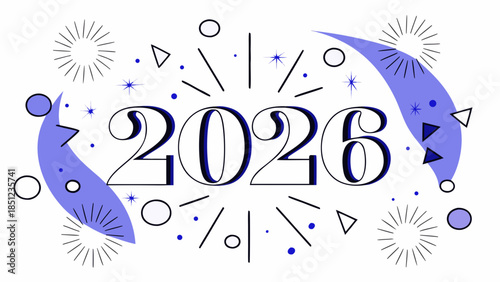 Illustration for the year 2026. The number "2026" appears in blue, surrounded by confetti, sparkles, and two blue swooshes.

