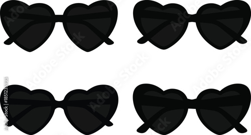 Four Black Heart-Shaped Sunglasses on White Background, Trendy Fashion Eyewear Design