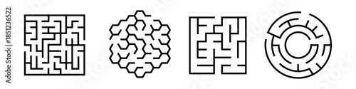 A collection of intricate maze designs featuring geometric shapes for various puzzle designs.