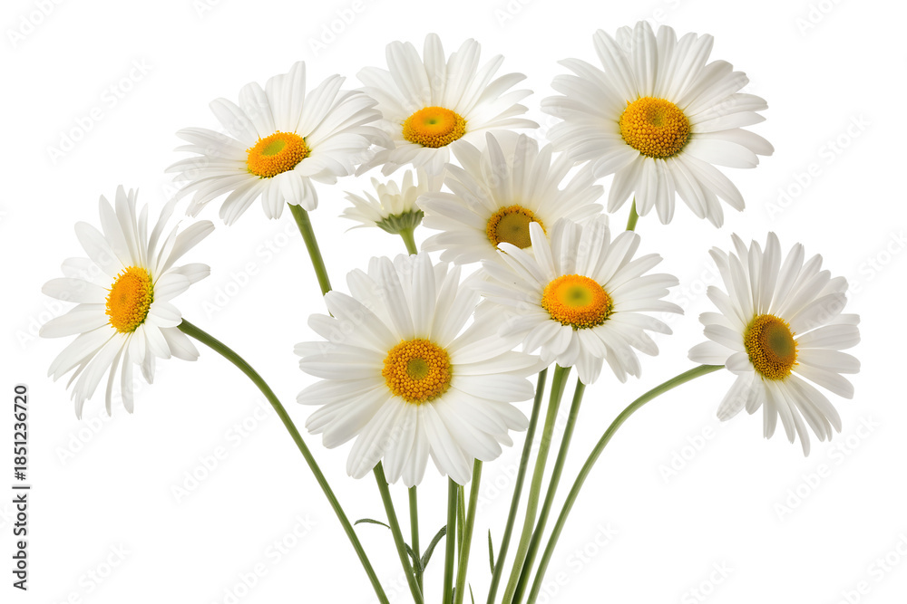 Obraz premium Bunch of Fresh White Daisies with Yellow Centers and Green Stems Isolated on White Background