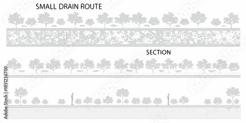Illustrative representation of a small drain route with tree coverage and section views