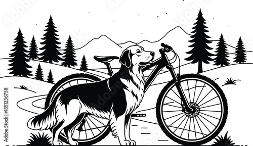 Golden retriever dog with mountain bike vector illustration in forest landscape for outdoor adventure and cycling enthusiasts.