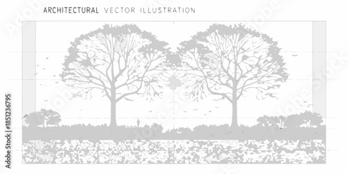 Architectural illustration featuring silhouetted trees and detailed ground cover design