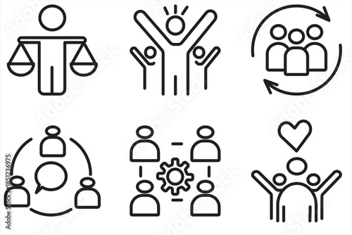 Inclusive Community and Social Justice Line Icons Set for Teamwork Values