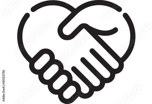 Handshake in Heart Shape with Simple Line Art in Monochrome Color on White Background for Business Partnership