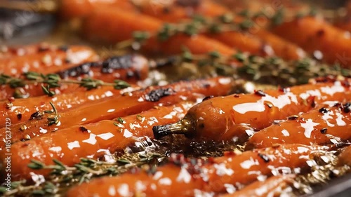 Vibrant orange carrots being roasted with honey glaze on sheet pan