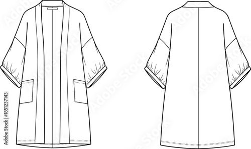 Flat sketch cardigan, technical fashion drawing, loose fit jacket design, front back view, garment illustration, casual wear template, pattern reference