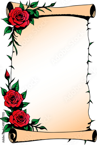 Vintage frame with red roses and parchment