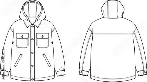 Hooded jacket sketch, technical fashion illustration, front back view, button pocket design, outerwear template, garment construction drawing, casual wear layout