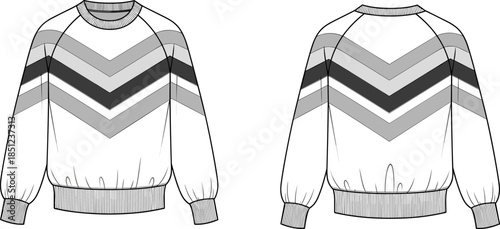 Sweatshirt sketch front back, fashion illustration, chevron color block design, crew neck garment drawing, casual wear template, technical apparel layout