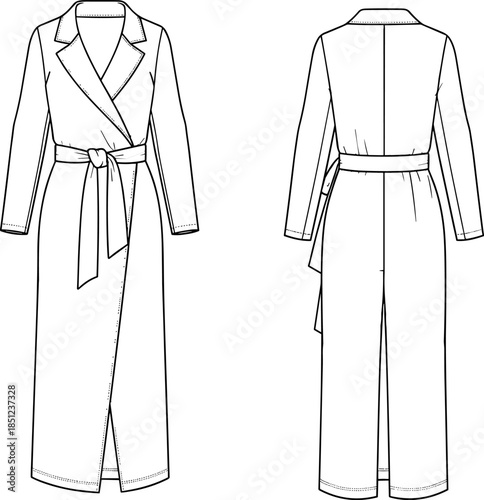 Wrap coat sketch, belted dress illustration, fashion technical drawing, long sleeve outerwear design, front back view, tailored garment template