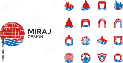 MIRAJ DESIGN logo set, Islamic architecture branding, red blue emblem collection, dome arch tower motif, wave element identity, cultural design