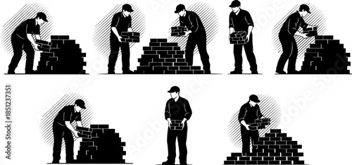 Brick stacking illustration, construction worker drawing, manual labor concept, building process sketch, black and white figure art, masonry action pose