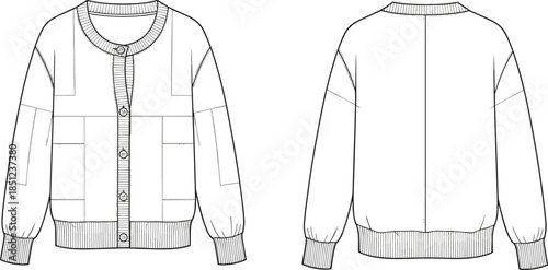Cardigan sweater sketch, technical fashion illustration, front back view, button-down design, ribbed detail garment, patchwork panel template, casual wear drawing