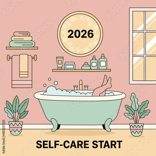 A serene bathroom scene with a person relaxing in a bathtub surrounded by plants and a 2026 calendar in view