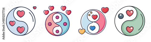 Colorful yin yang symbols with hearts and love