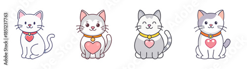 Cute cartoon cats wearing collars and holding hearts