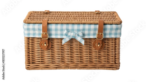 Tableau sur toile Wicker picnic basket with blue gingham lining isolated PNG, vintage style hamper