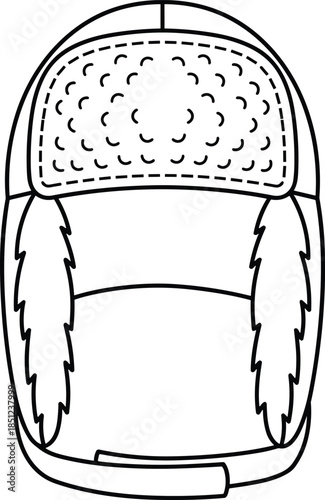 Trapper hat, winter headwear, cold weather gear, fur-lined flaps, chin strap, black and white, outline sketch, flat vector illustration