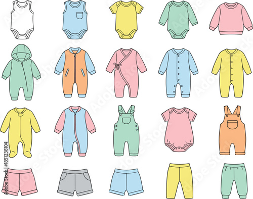 Baby clothing, pastel garments, infant fashion, onesies, bodysuits, rompers, overalls, jackets, shorts, grid layout, flat vector illustration