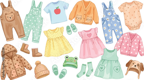 Children’s clothing, cute outfits, fashion garments, overalls, dresses, hoodies, shoes, socks, hats, accessories, playful style, flat vector illustration