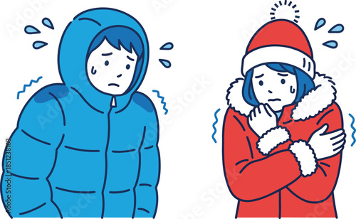 Cold weather, shivering people, winter clothing, discomfort expression, puffer jacket, fur coat, seasonal chill, cartoon style, flat vector illustration