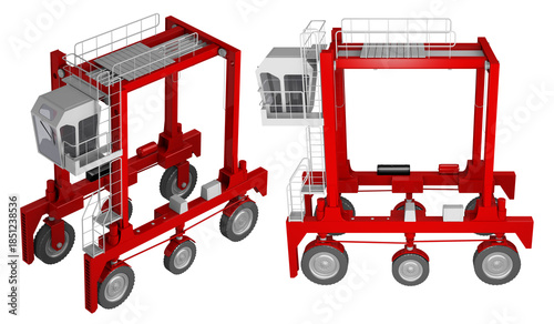 Red container straddle carrier for port terminal logistics, industrial mobile machine for freight handling and transport, isolated on white, 3d rendering.