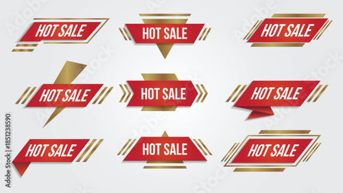 Collection of red and gold hot sale badges and labels