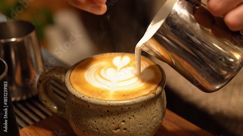Warming ginger turmeric latte being prepared with frothed milk topping