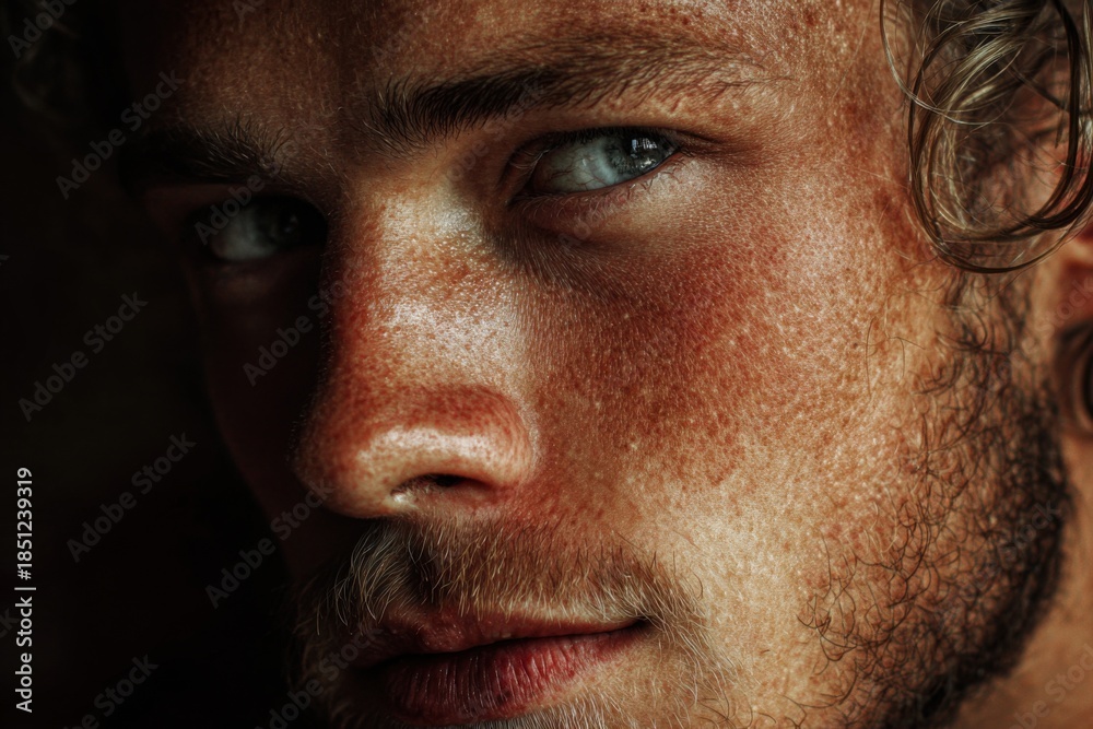 Fototapeta premium Young man with striking blue eyes and tousled hair poses in intimate setting focusing on natural beauty and skin texture illuminated by soft light