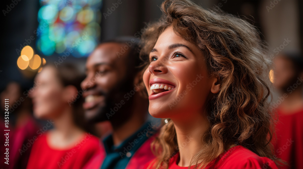 Fototapeta premium Diverse gospel choir singing joyfully, church performance gathering, men and women in religious music, worship and celebration concept, with copy space