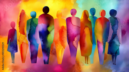 Impressionist abstract watercolor painting, diverse people united together, colorful rainbow background display, unity and inclusion concept, artistic faith visualization, with cop