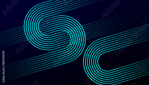 Abstract Neon Line Art Background with Modern Circular Wave Design. Futuristic Teal Glow Line Pattern on Dark Minimal Background.