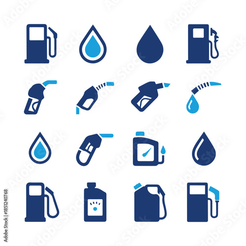 Gas Station and Oil Service Icon Set: Fuel Pump, Petrol Nozzle, and Oil Drop Silhouettes