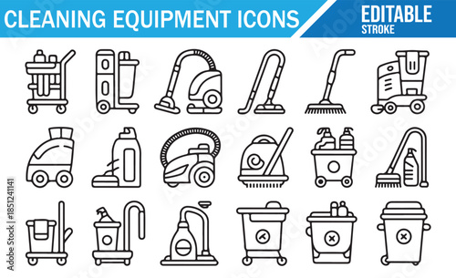 Housekeeping and Janitorial Tools Icons: Vacuums, Mops, Carts