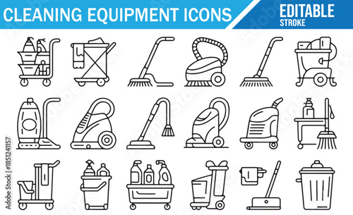 Cleaning Equipment and Supplies Line Art Icon Set Vector