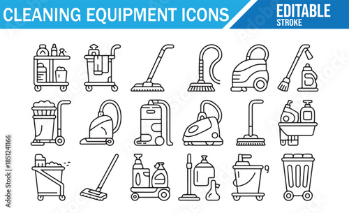 Cleaning Equipment Icon Set. Line Art Vector Collection of Vacuum Cleaners, Mops, Buckets, Detergents, and Carts. Editable Stroke.