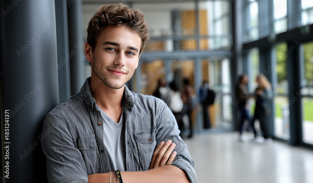 Fototapeta premium Portrait of blond American student standing in university corridor. Student standing relaxed in college building.