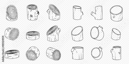 Set of hand drawn wooden logs and tree stumps in various shapes and sizes.