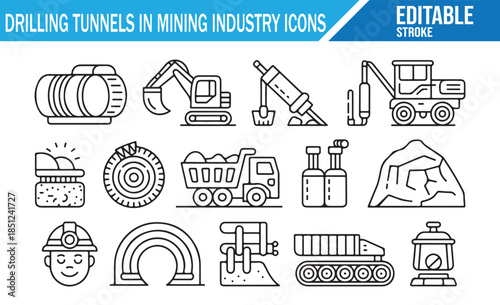 Subway and Tunnel Construction Machinery Line Art Vector Icons